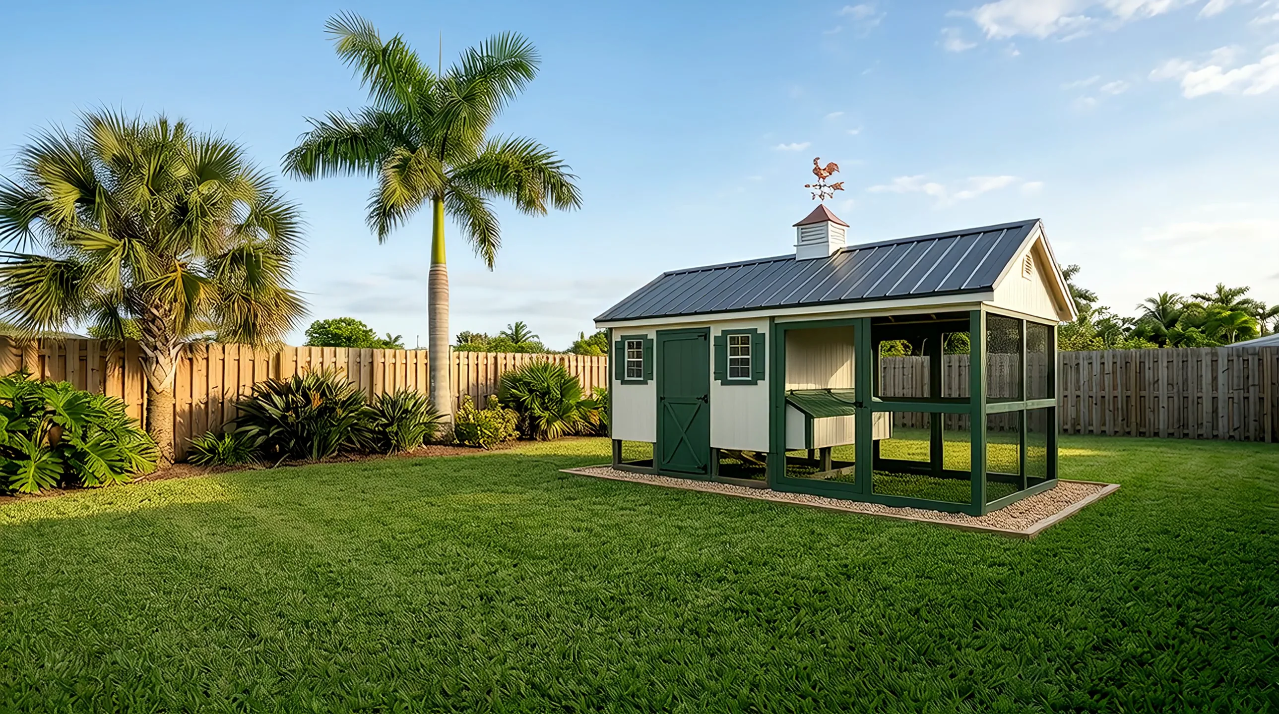 Finished cream and green chicken coop with a metal roof and walk-in run (illustrative)