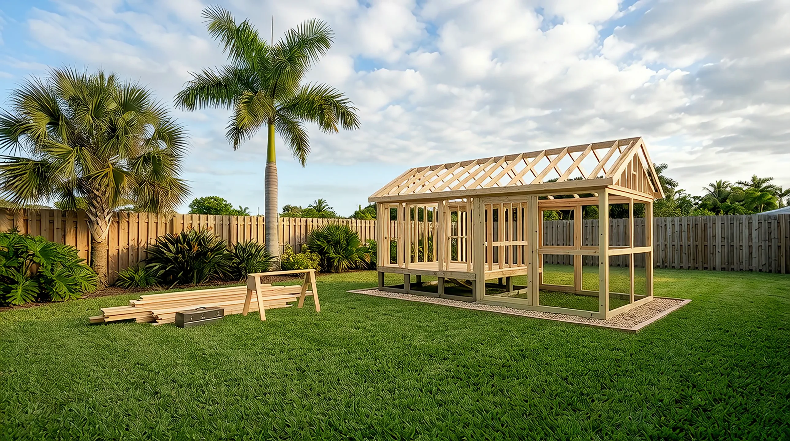 Wood-framed coop under construction in a Florida backyard (illustrative)