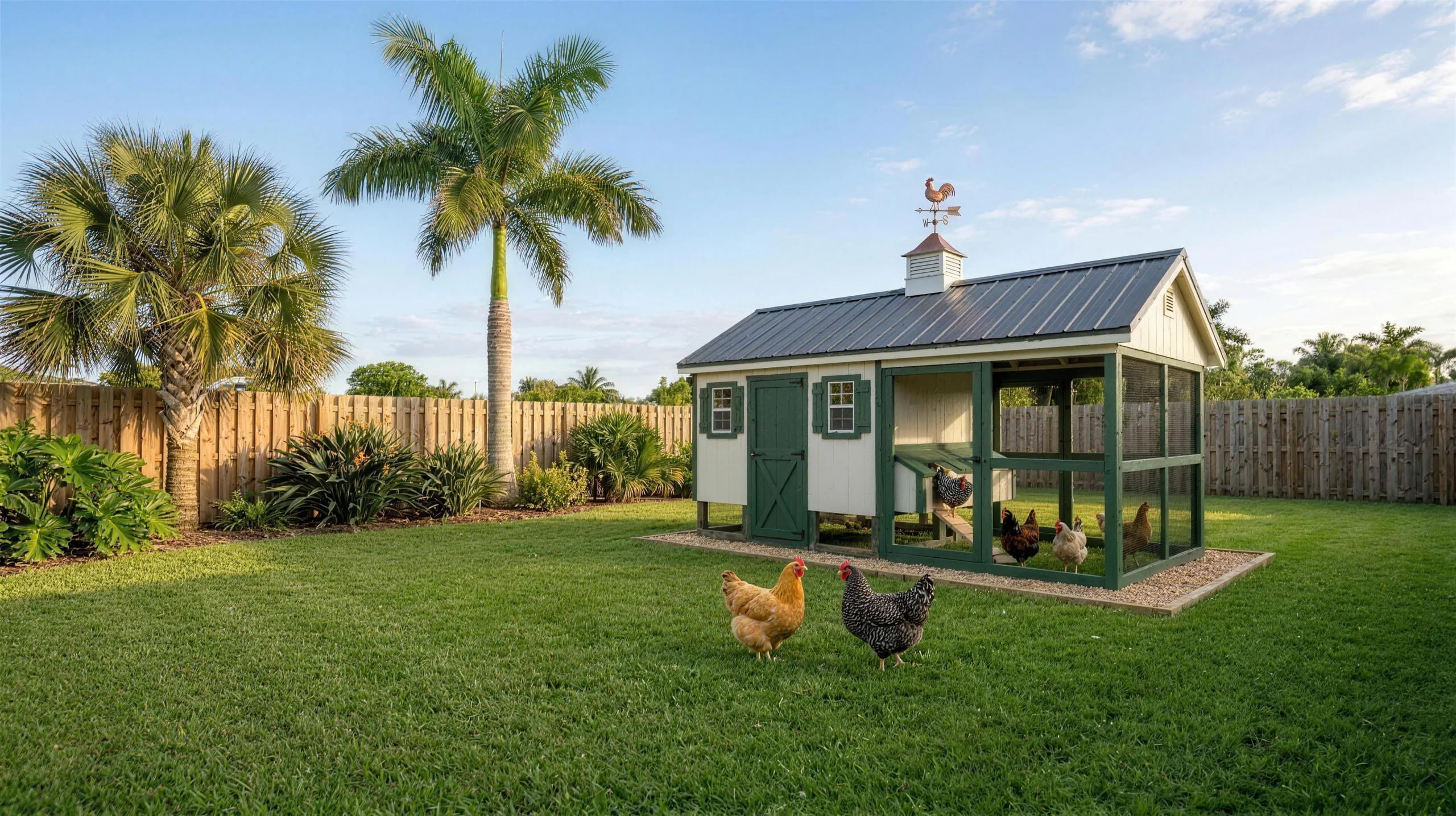 Cream and green walk-in chicken coop with hens in a fenced Florida backyard (illustrative)