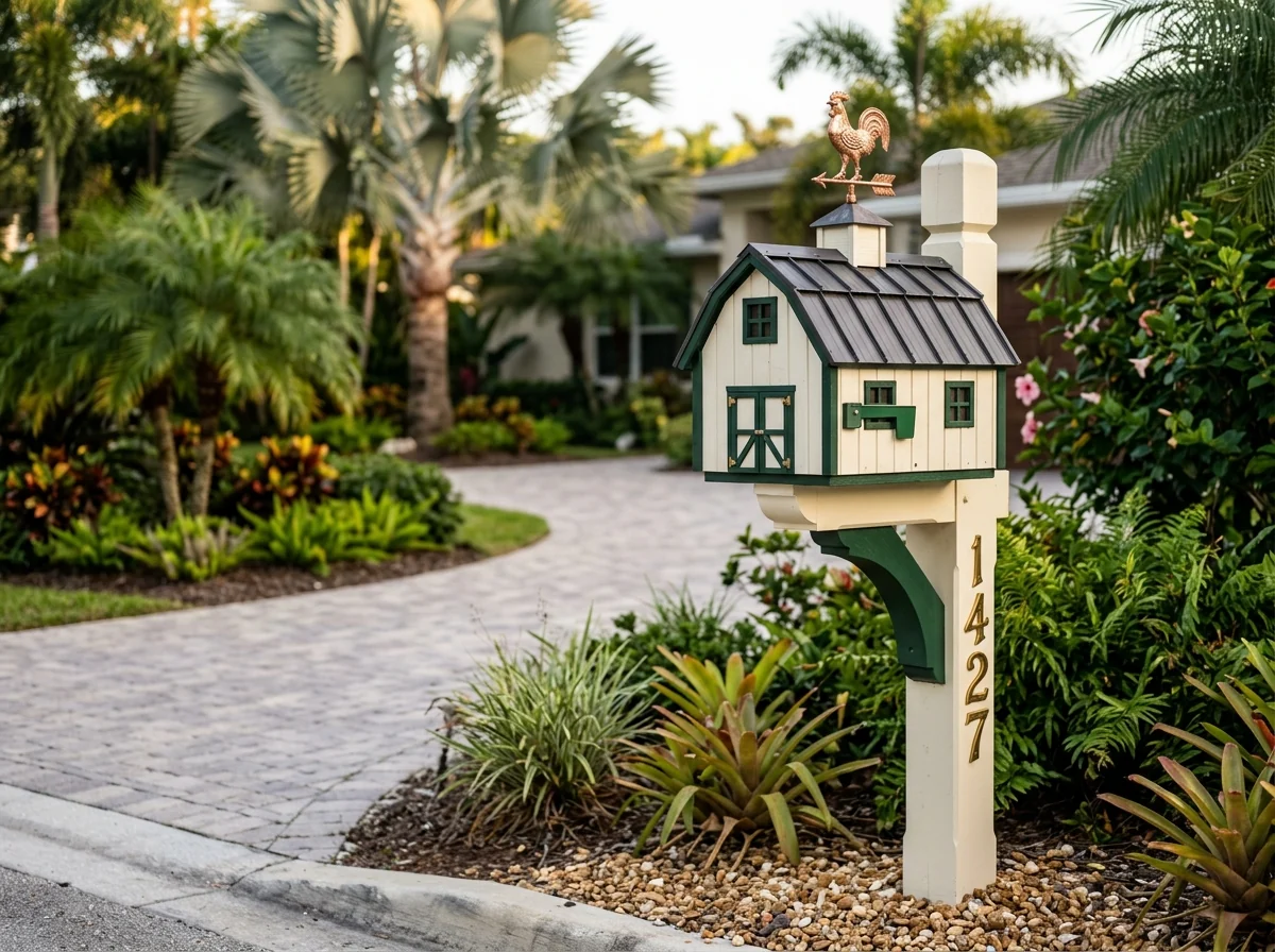Barn-style custom mailbox with a rooster weathervane at a Florida driveway (illustrative)