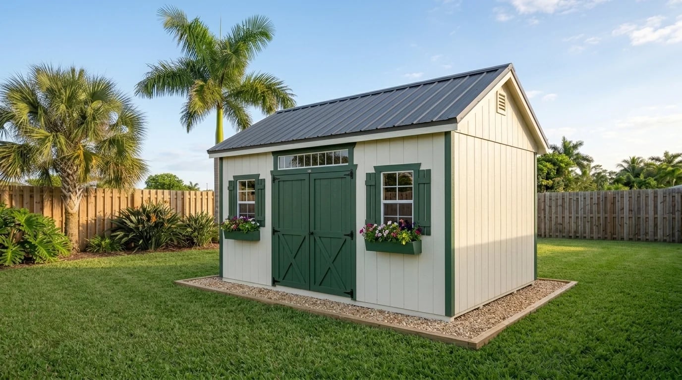Cream and green custom shed with barn doors and window boxes (illustrative)